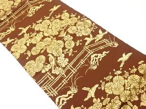 菊に鳥・格子模様織出し袋帯